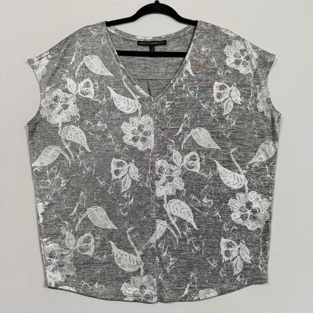 White House Black Market Top Women's S Grey Silver Floral Metallic Foil V-Neck